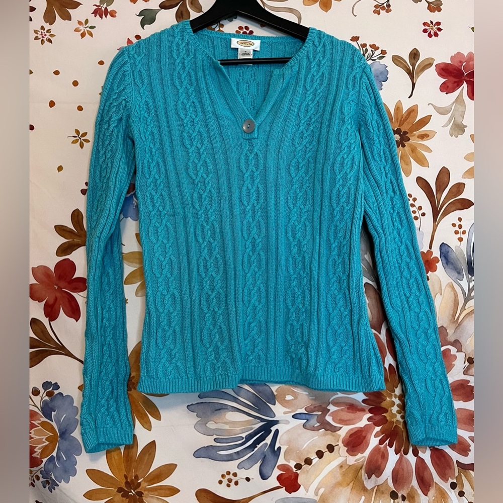Y2K Talbots S Ramie Blend Plaited Cable Turquoise Blue Preppy Spring Sweater